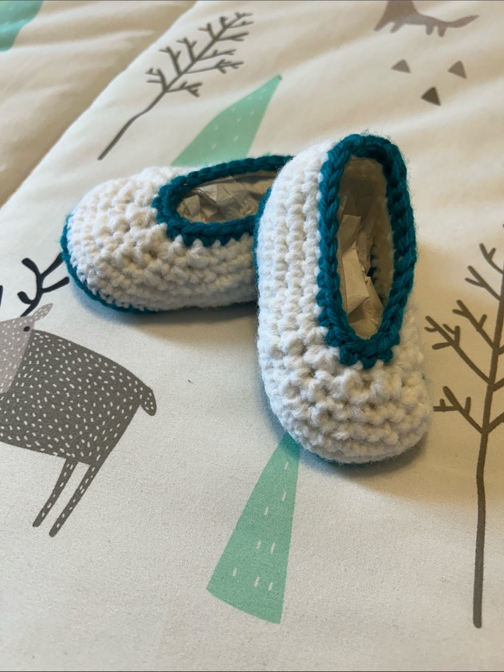 Handmade White and Teal Baby Crochet Booties